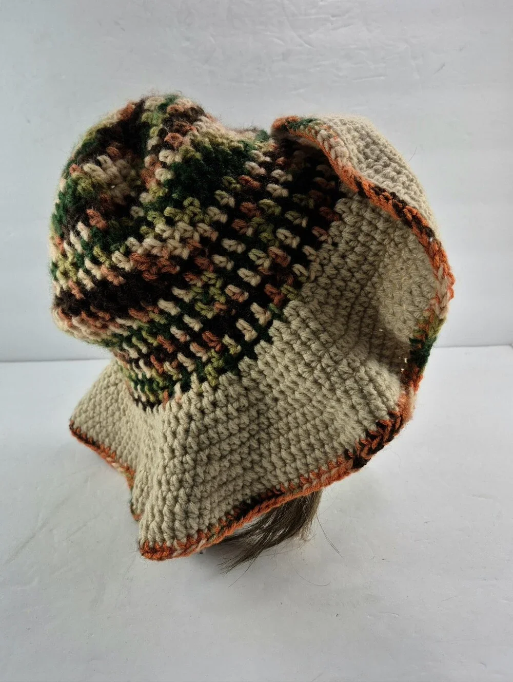 Handmade Boho Crochet Wide Brim Hat Camo Earth Tone Floppy festival Hat 70s Vibe